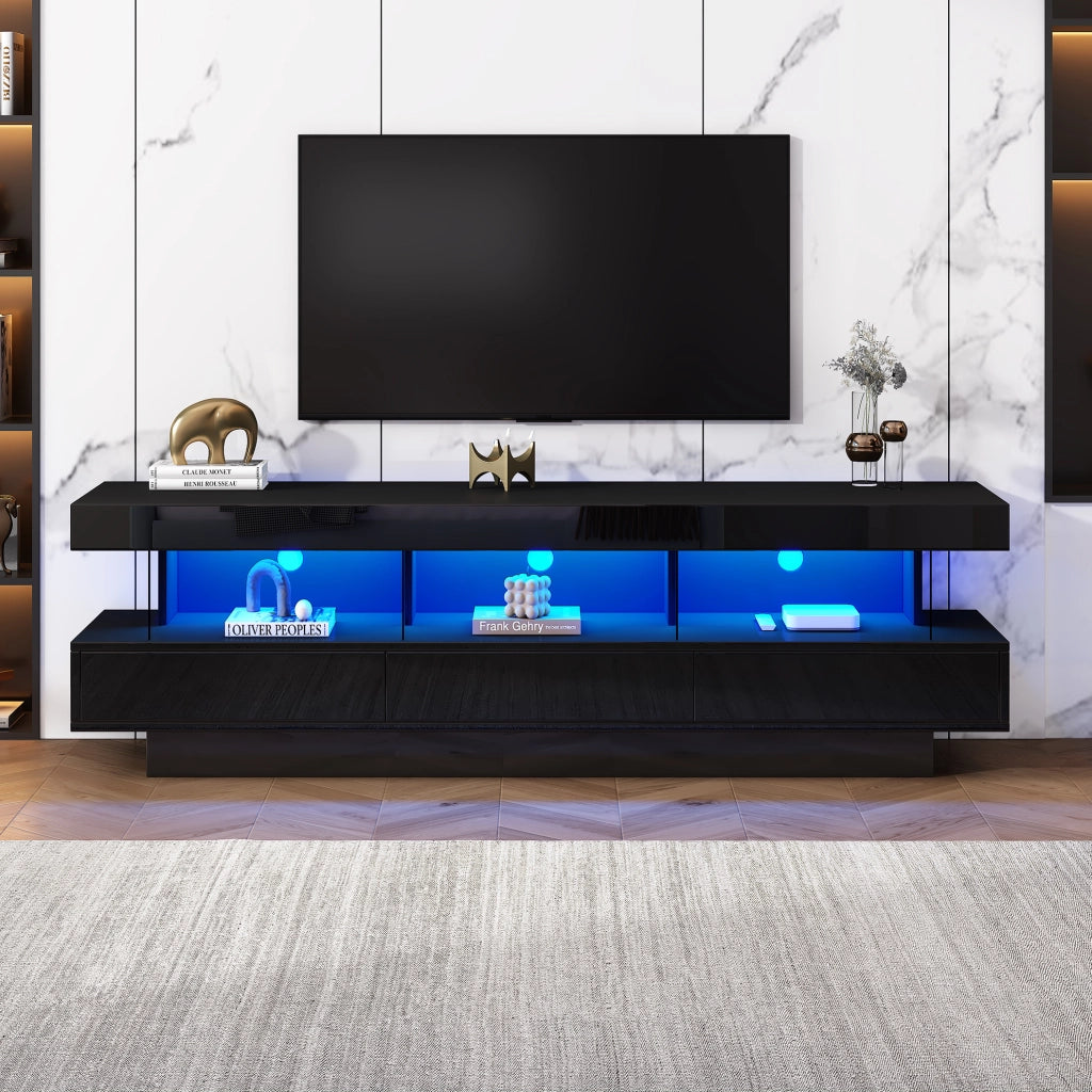 TV moderno nero lucido con LED e 3 vani in vetro
