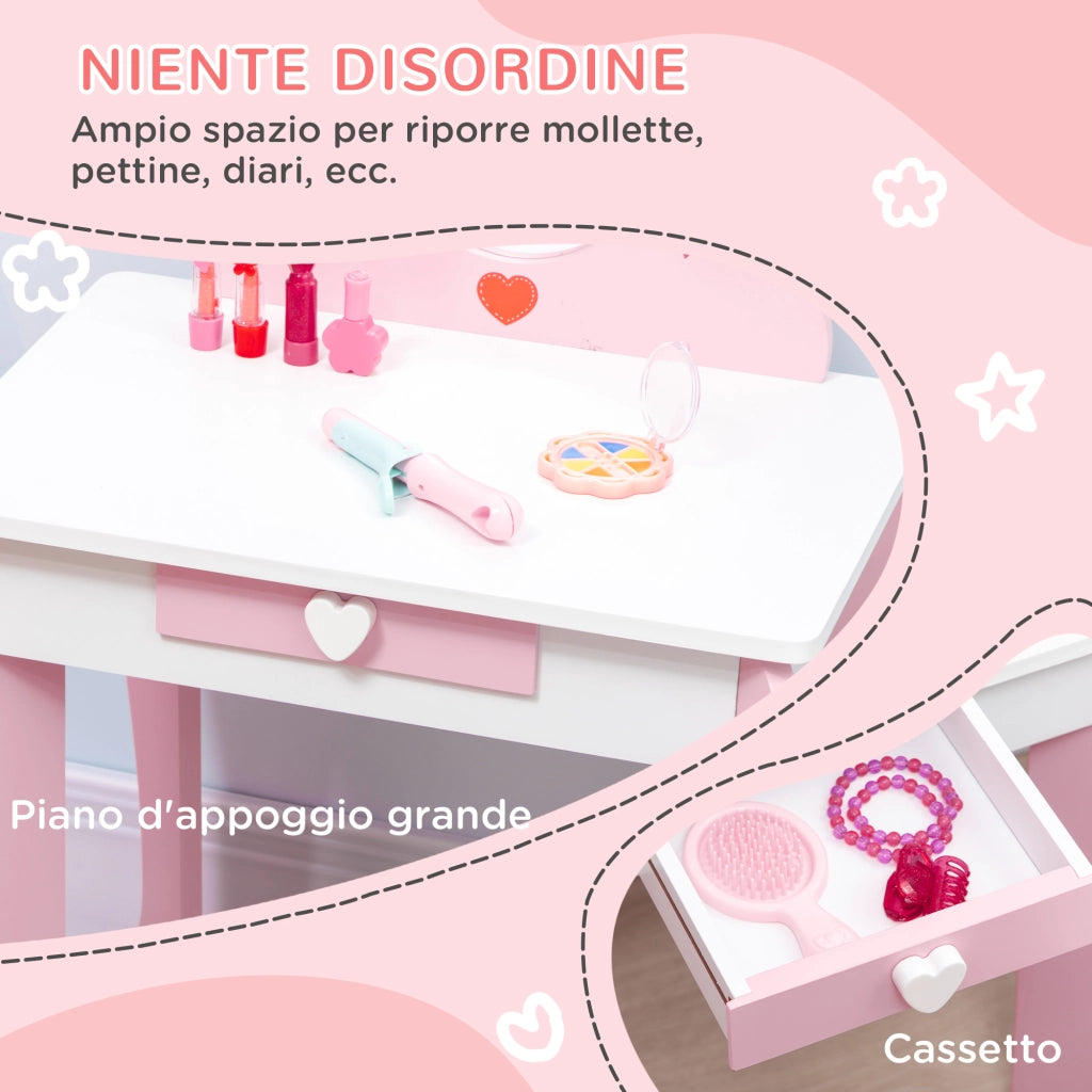 EasyComfort Set Tavolo Trucco con Sgabello, Specchio e Cassetto in MDF per Bimbi 3-6 Anni, Bianco e Rosa