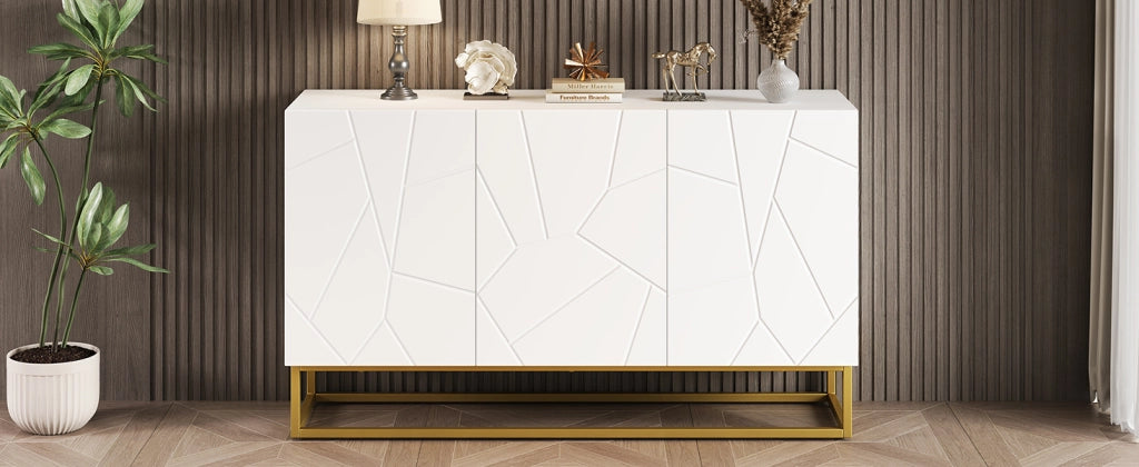 Credenza moderna bianca lucida mobile buffet 130 cm con 3 ante e base in metallo oro