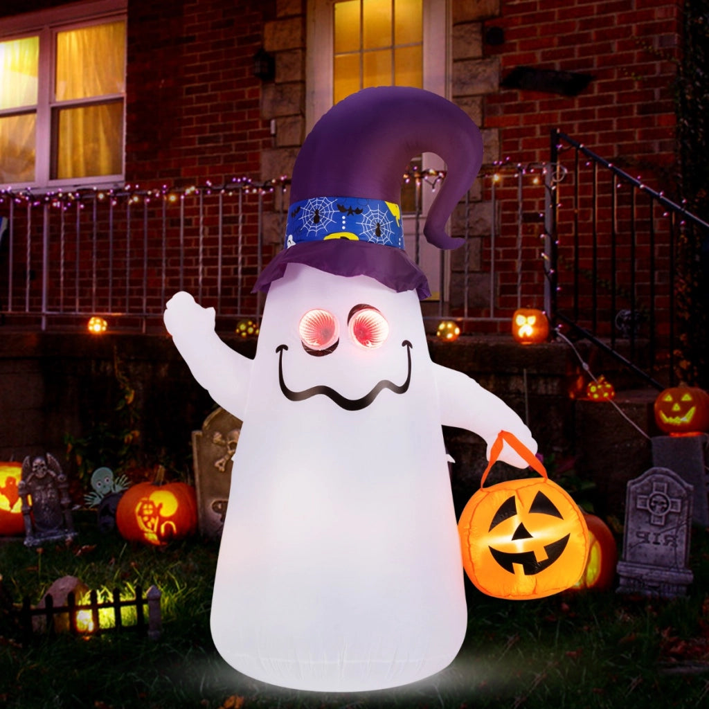 Halloween inflatabile 180cm con jack-o-lantern cappello da strega luce ad effetto specchio infinito, Fantasma carino-Halloween