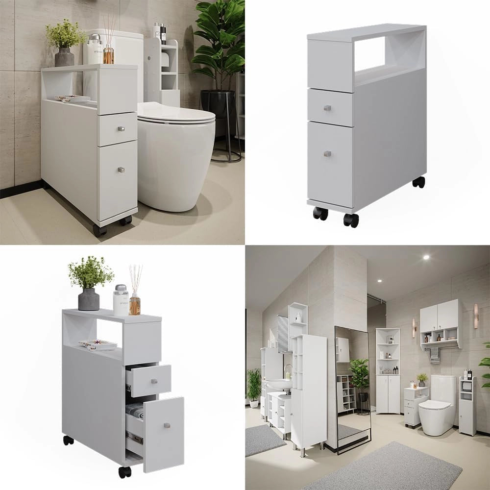 Cassettiera da bagno Fynn, Bianco, 17.6 x 61.6 cm con 2 cassetti, da parete per la conservazione di accessori da bagno