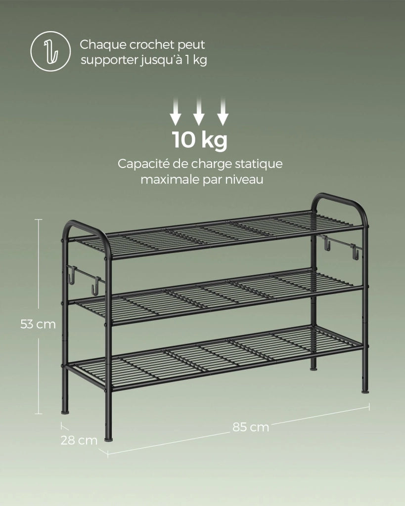 Scarpiera in metallo a 2 ripiani con 4 ganci laterali 28 x 85 x 53 cm contiene 10 paia di scarpe altezza regolabile per ingresso corridoio armadio facile da montare nero 12_0005509