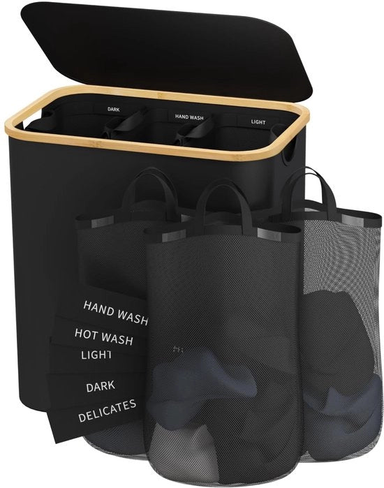 Scatola per lavastoviglie, 160 l, scatola per lavastoviglie sporca per lavastoviglie, 3 pezzi, grande separatore per lavastoviglie extra grande con 3 compartimenti con tasche interne rimovibili, etichette, nero