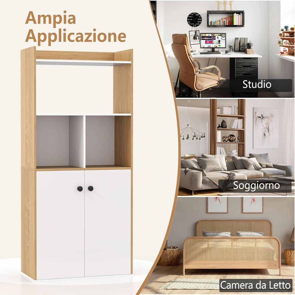 Libreria Scaffale con 2 Ante di Stoccaggio, Libreria Salvaspazio Moderna con 4 Ripiani in Legno Aperti, Mobile Alto Ufficio, per Soggiorno, Camera da Letto, 60 x 30 x 133 cm (Naturale)
