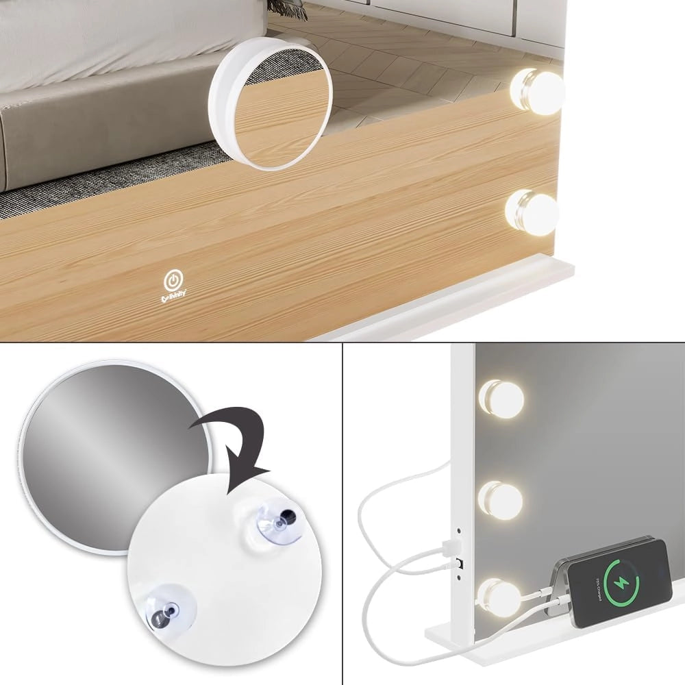 Specchio da toilette Greta, Bianco, 58 x 47 cm con illuminazione a LED, con specchio cosmetico integrato 10x e porta USB