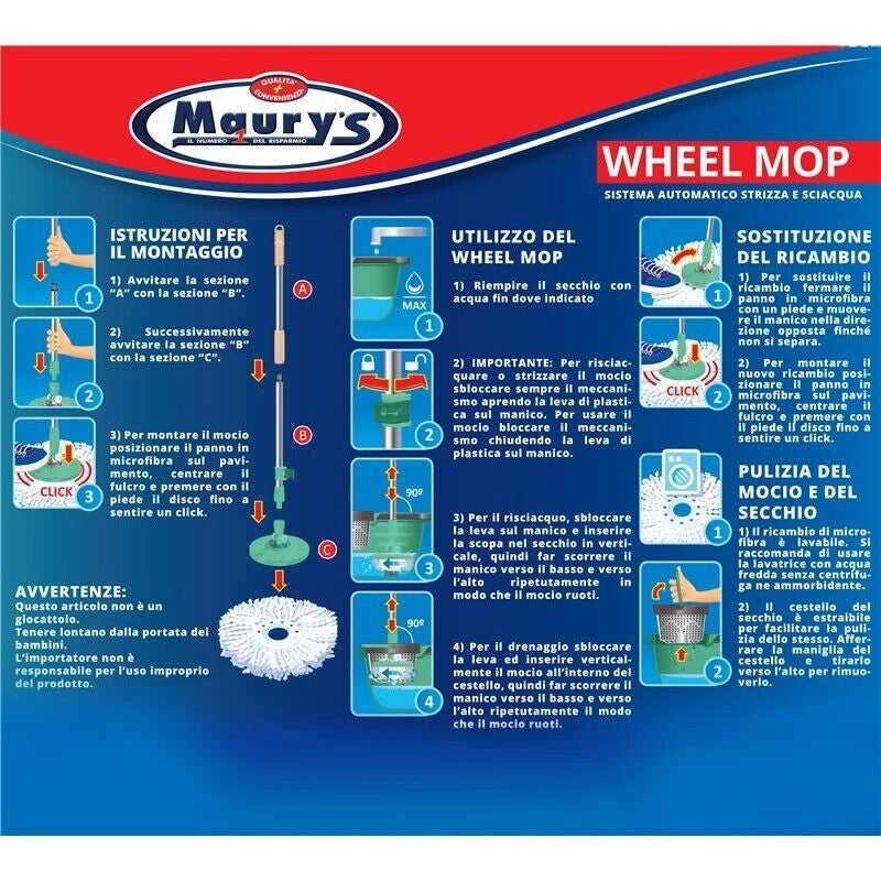MAURY'S WHEEL MOP MOCIO ROTANTE CON SECCHIO STRIZZATORE 360° E MANICO