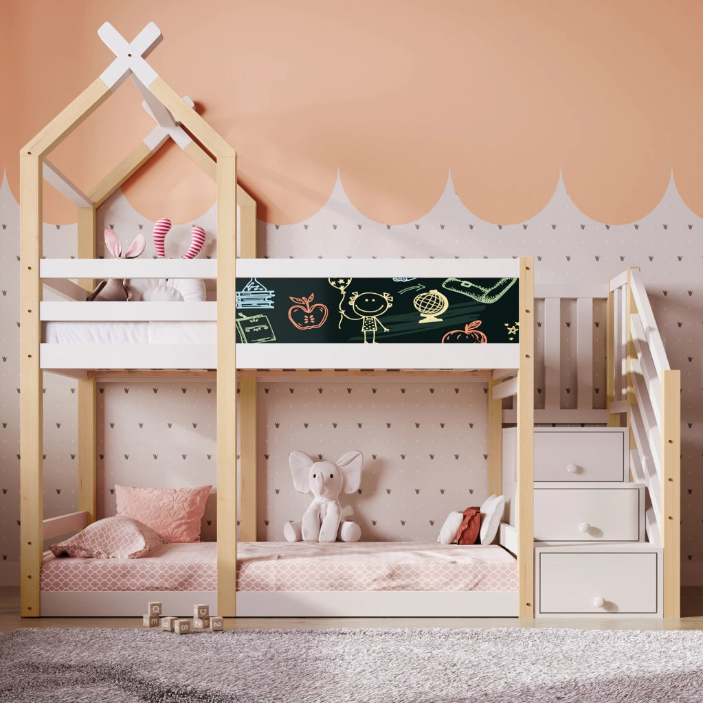 Letto a soppalco per bambini 90x200 con lavagna, scala contenitore e protezione laterale