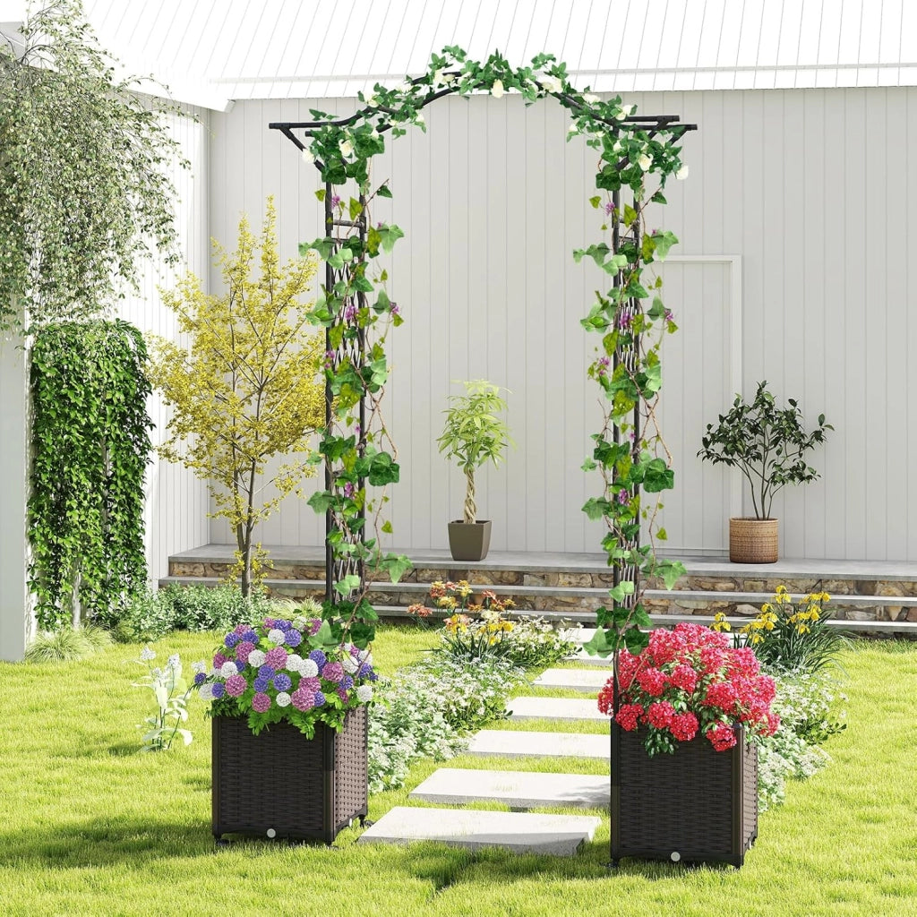 Arco da Giardino con 2 Fioriere Auto-irriganti e Ruote, Supporto per Piante in Metallo Rivestita PE Antiruggine, Grande Arco per Viti e Rose da Matrimonio all'Aperto (Nero)