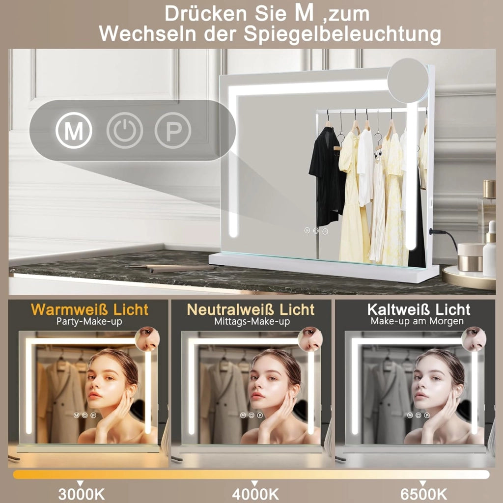 ZMH Specchietto da Trucco Hollywood con Luce LED Dimmabile 3 Modalità di Colore Luce Ingrandimento per Camera da Letto