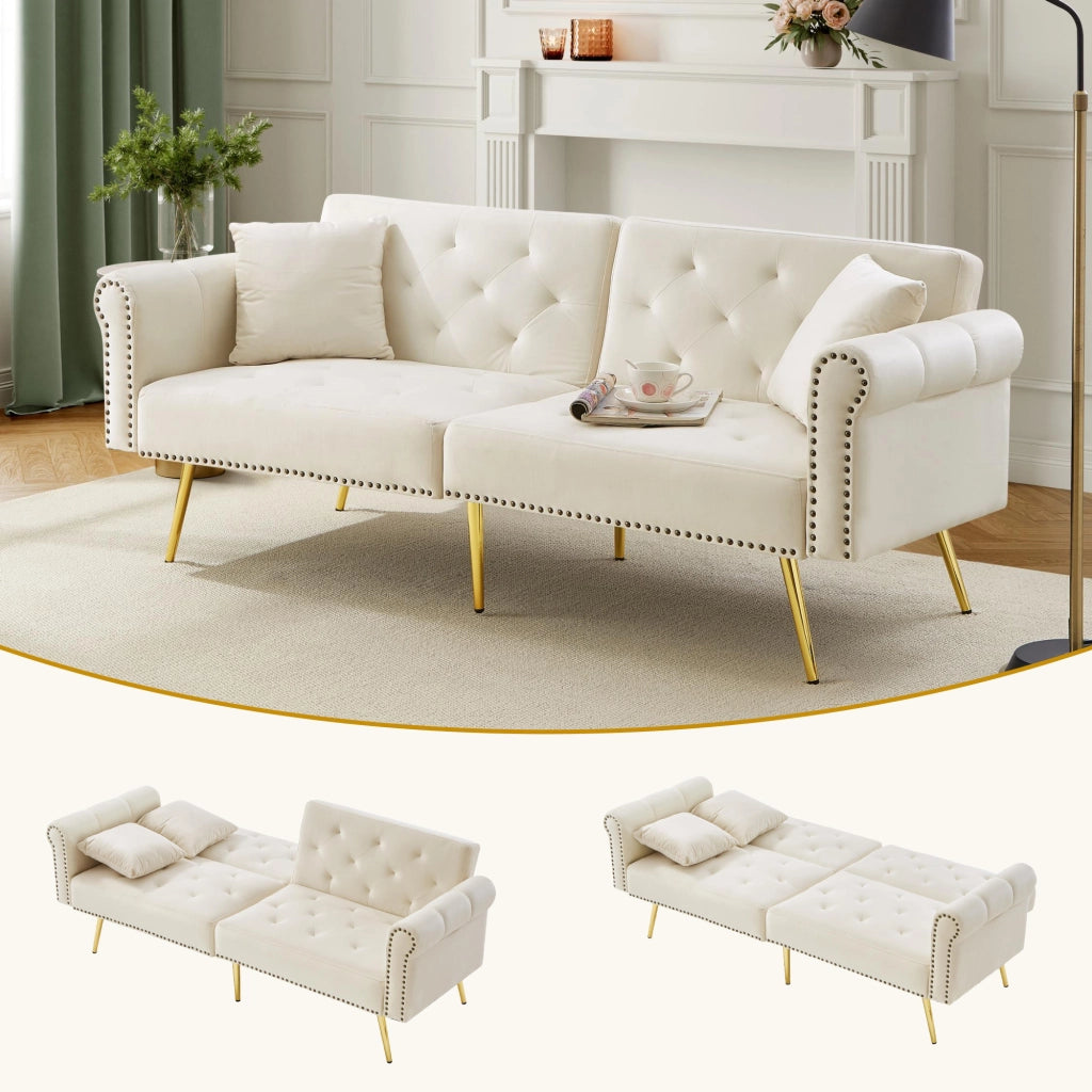 DIVANO LETTO 2 posti reclinabile 147x85 cm velluto Beige con 2 cuscini