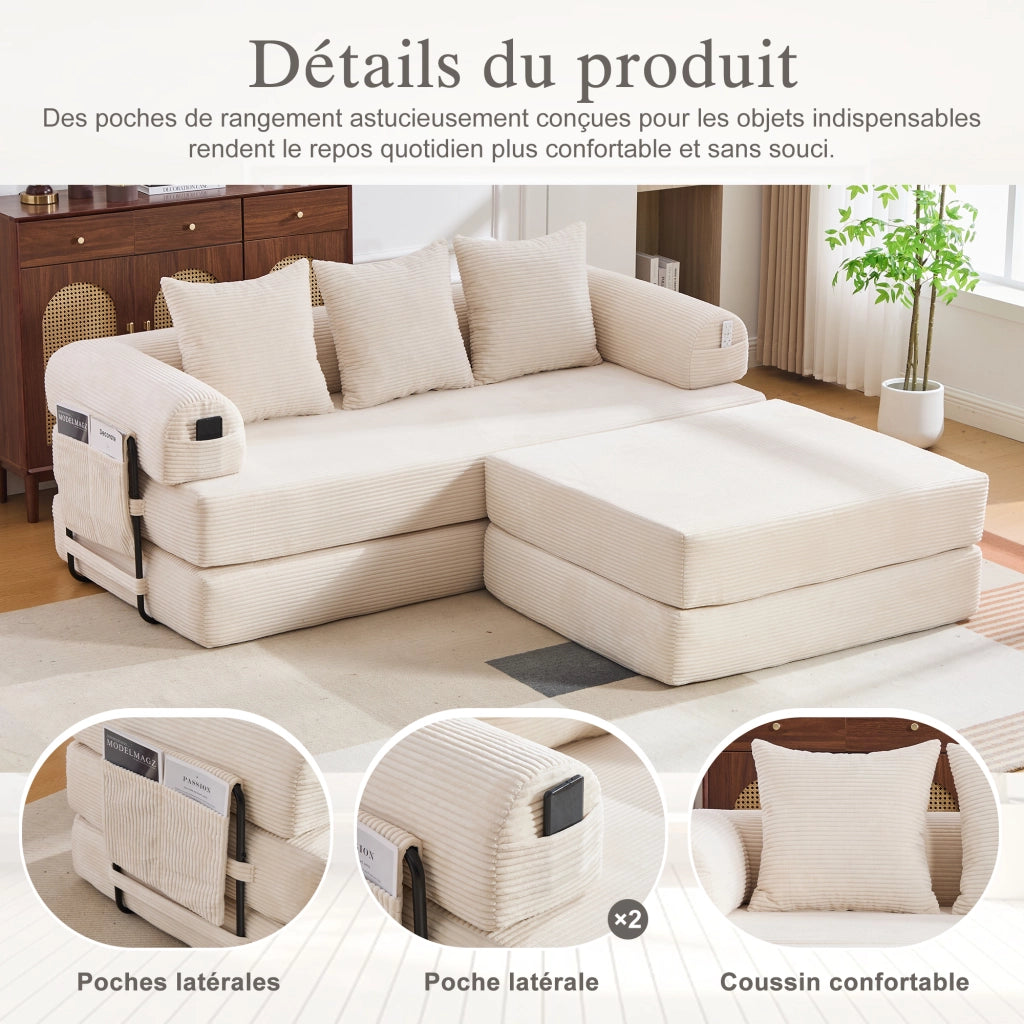 Divano modulare in corduroy con struttura in metallo, tasca laterale, 3 cuscini e pouf, design versatile beige