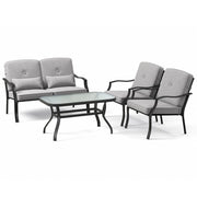 Set di mobili da giardino 4 pezzi con tavolino in vetro temperato, Set panchina sedie e tavolino in metallo Grigio-Set mobili da esterno