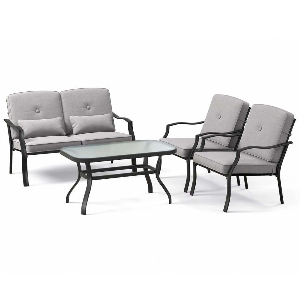Set di mobili da giardino 4 pezzi con tavolino in vetro temperato, Set panchina sedie e tavolino in metallo Grigio-Set mobili da esterno