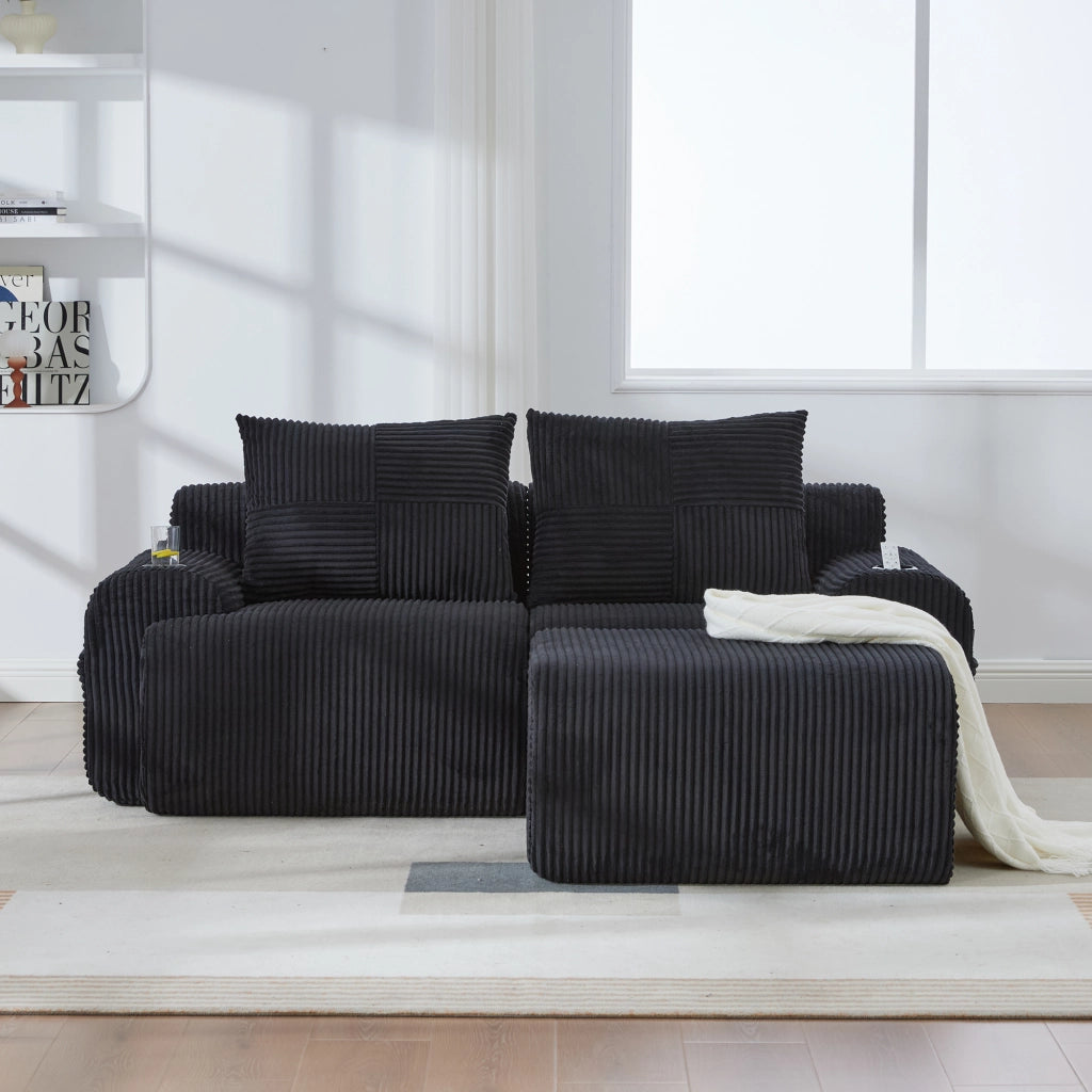 Divano modulare 2 posti con pouf, portabicchieri e tasca laterale in tessuto corduroy nero 200 × 174 × 80 cm