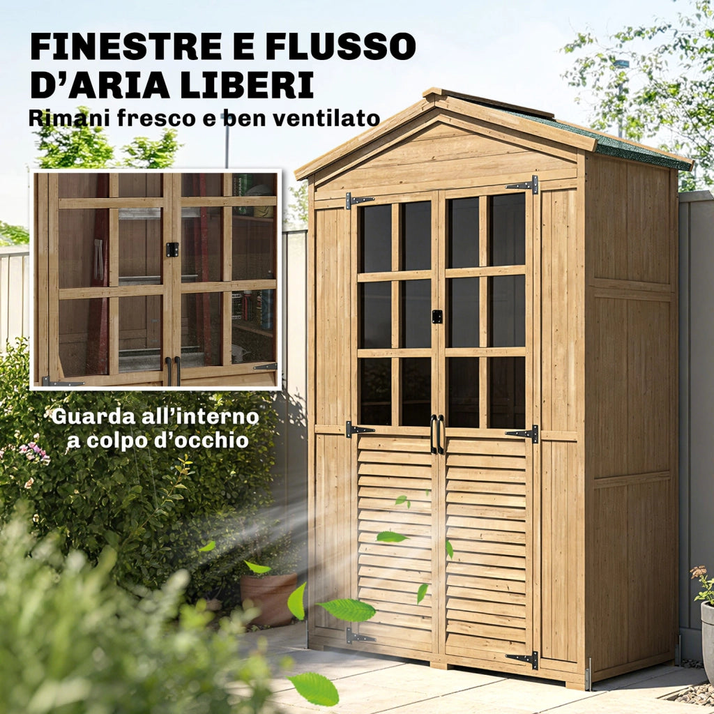 Armadio da Giardino Box Porta Attrezzi 128x57,5x197 cm con Finestre Trasparenti in Legno Marrone Chiaro