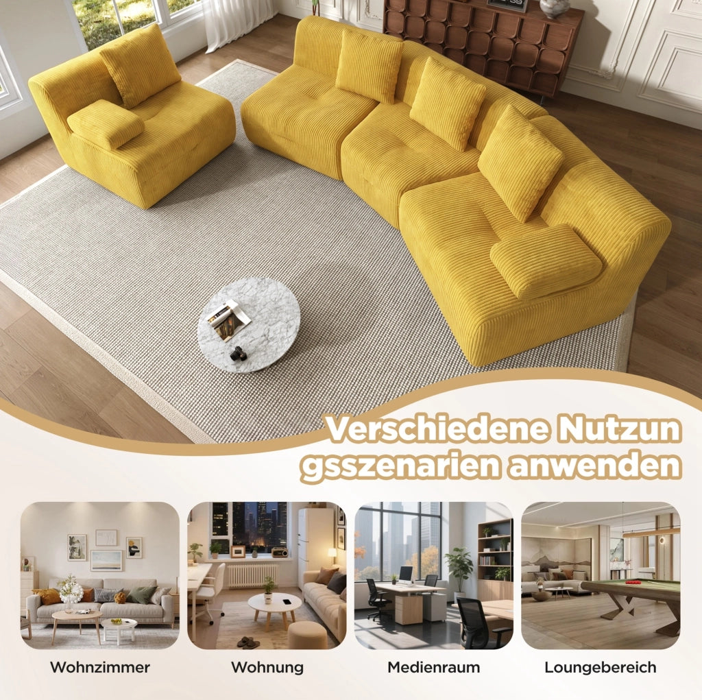 Divano modulare 4 posti in tessuto corduroy giallo brillante; 311 x 90 x 65 cm