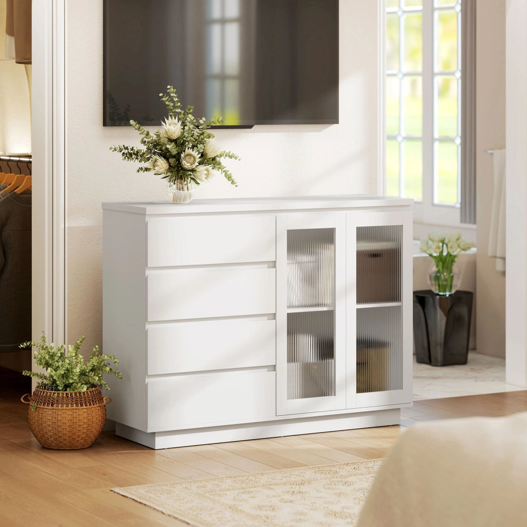 Credenza Buffet 120x40x91 cm con 4 Cassetti e Armadietto con Ante in Vetro in Legno Bianco