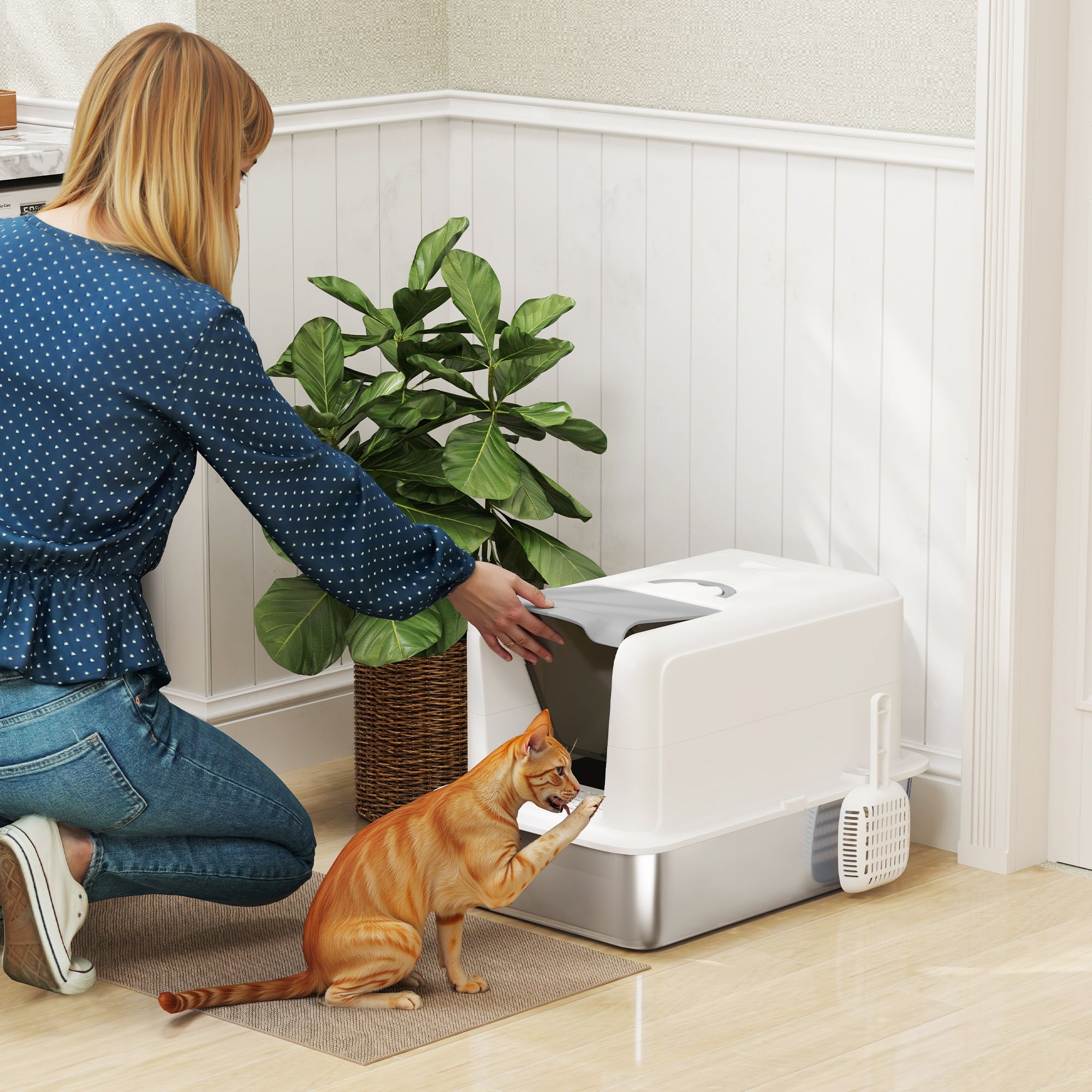 Lettiera per Gatti Chiusa 40,5x60,5x41,5 cm con Vassoio in Acciaio in PP Bianco e Argento