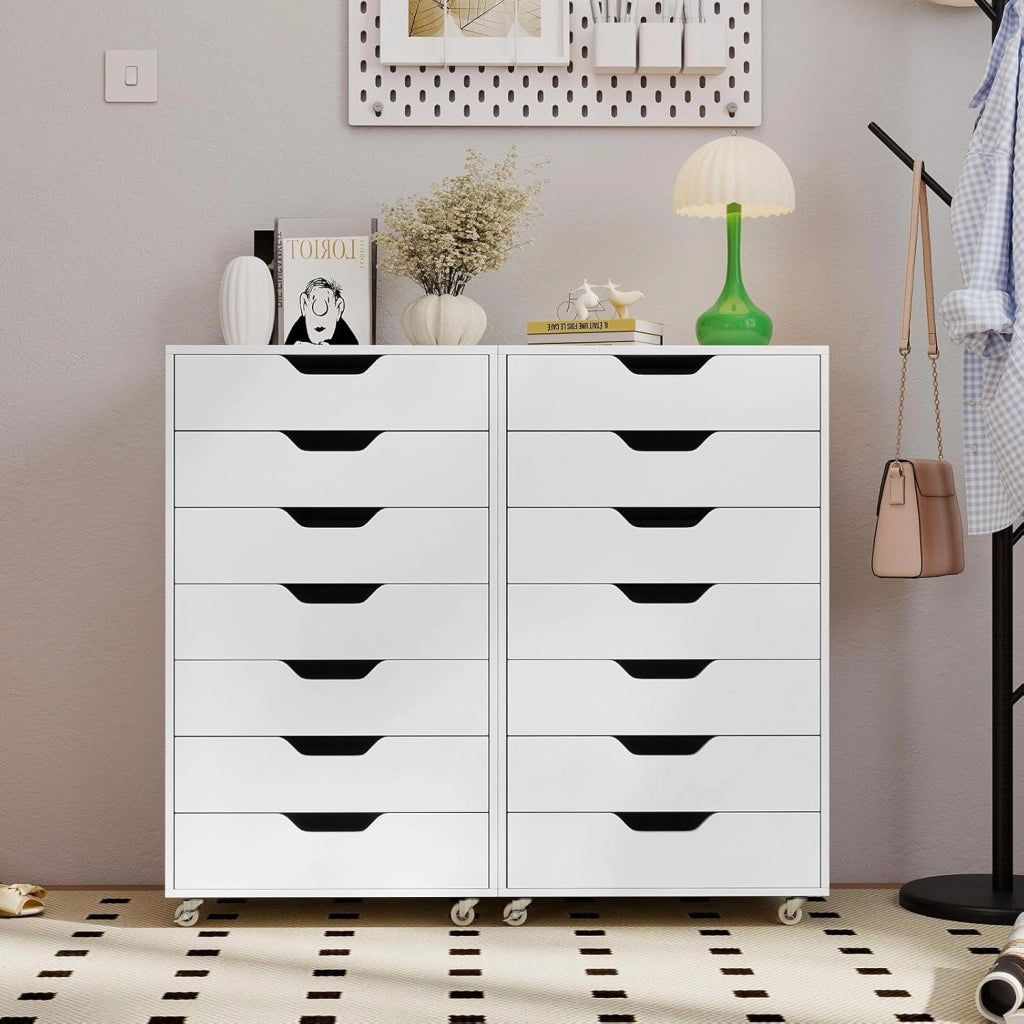 Cassettiera da Ufficio con 7 Cassetti, Mobiletto per Documenti con 4 Ruote Girevoli, Cassettiera da Scrivania in Legno per Ufficio e Soggiorno, 49 x 40 x 87 cm (Bianco Noce)