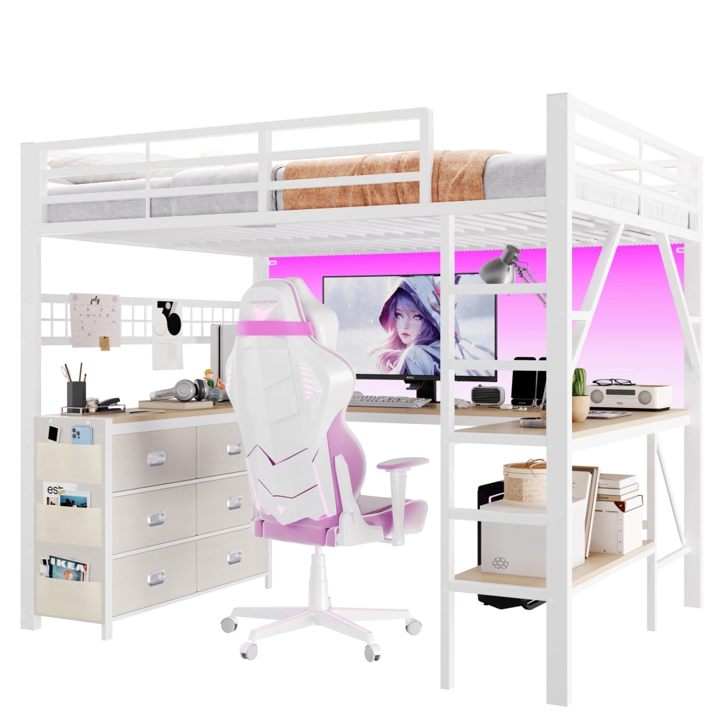 Letto a soppalco 140x200 cm con scrivania; cassetti e LED bianco HOMVRA