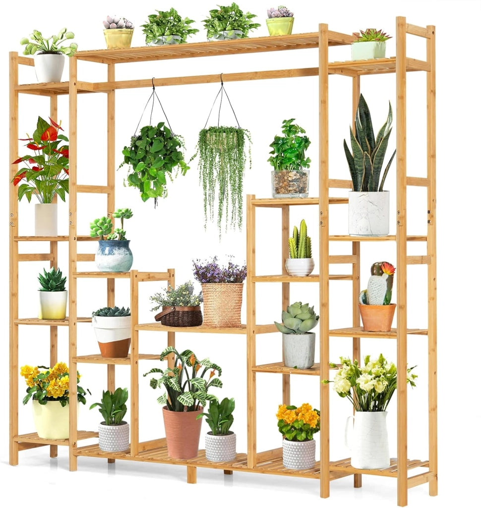 Scaffale per Piante in Bambù a 9 Livelli, Porta Fiori da Interno, Porta Vasi 2 in 1 con Barra e Dispositivo Antiribaltamento, 167 x 30 x 166 cm