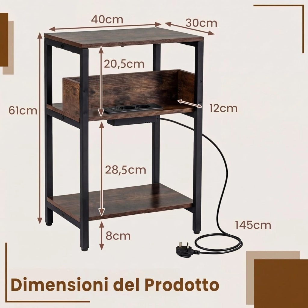 Tavolino Laterale a 3 Livelli con Stazione di Ricarica, Comodino con Presa Elettrica, Porte USB e Ripiani Aperti, Tavolino Stretto 40 x 30 x 61 cm, Tavolino da Salotto e Camera da Letto