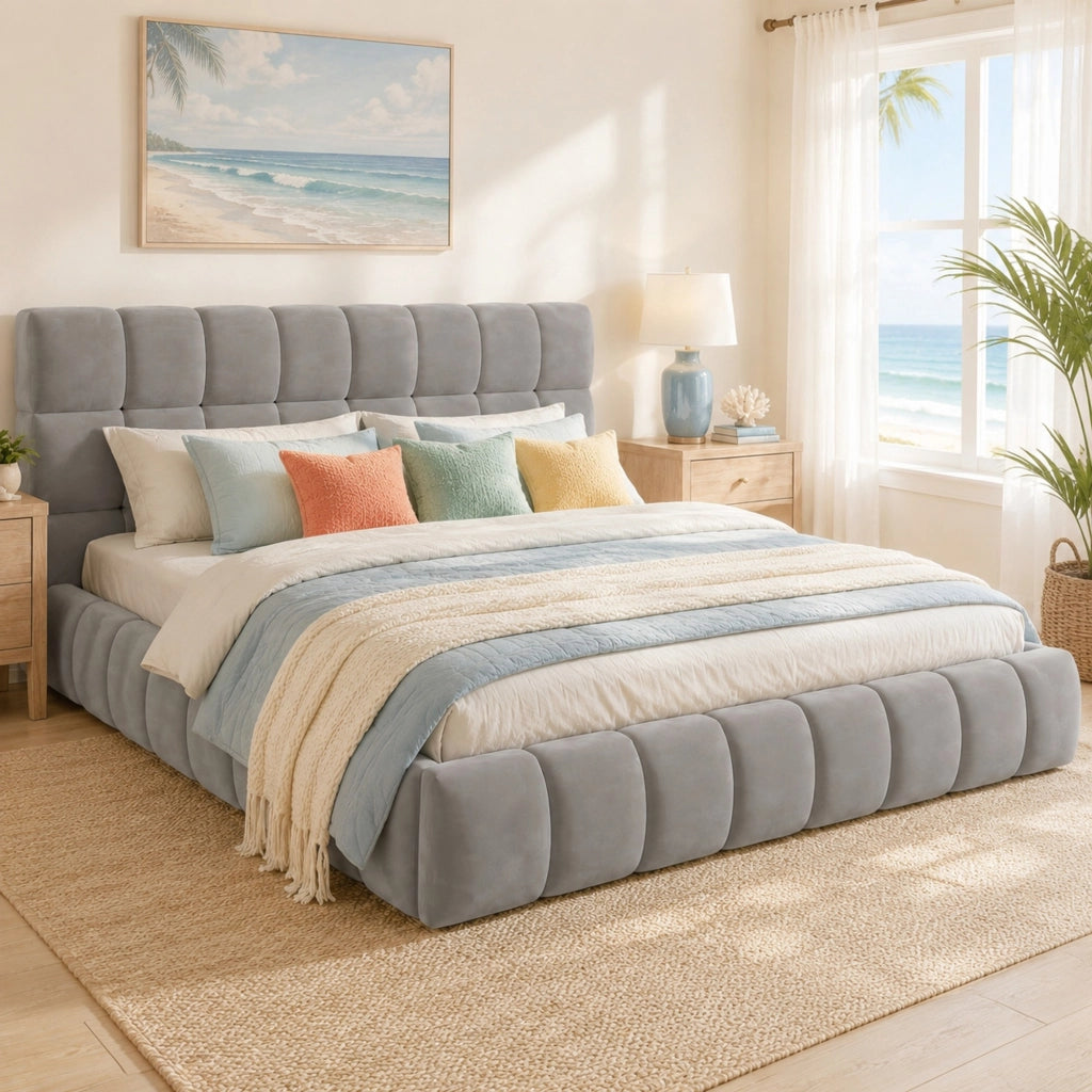 Letto imbottito classico 140x200 cm grigio con testiera e sponde imbottite