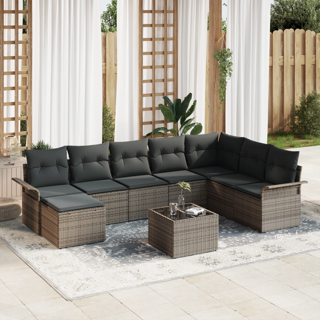 Set Divano da Giardino 8 Pezzi con Cuscini Grigio Polyrattan