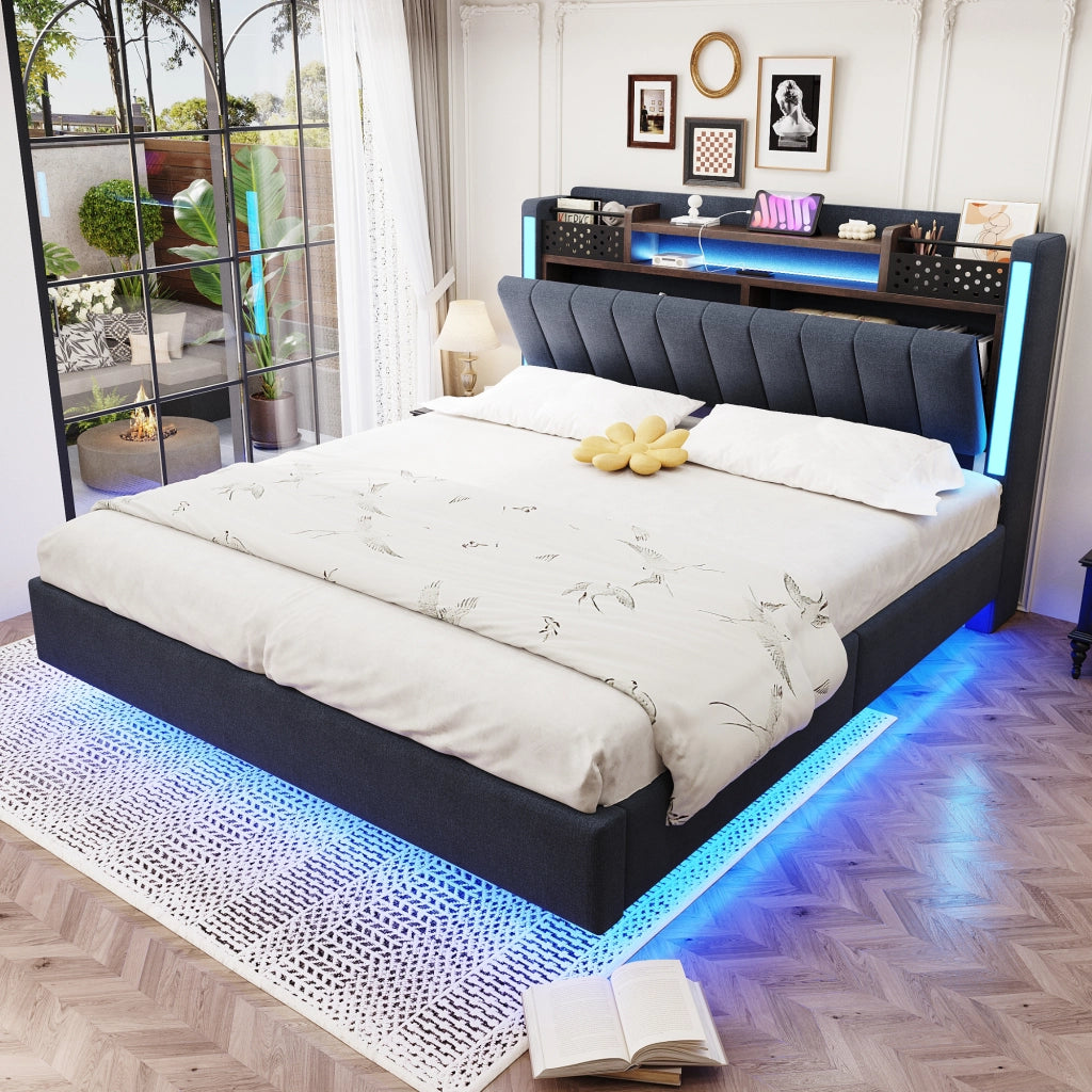 LETTO imbottito 140x200 cm Grigio con USB, LED e testiera con ripiani
