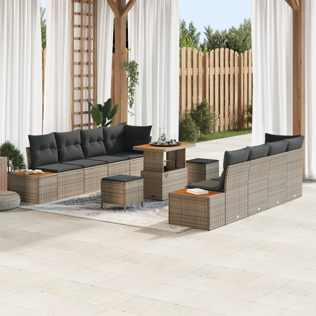 Set Divano da Giardino 11 Pezzi con Cuscini Grigio Polyrattan Acacia