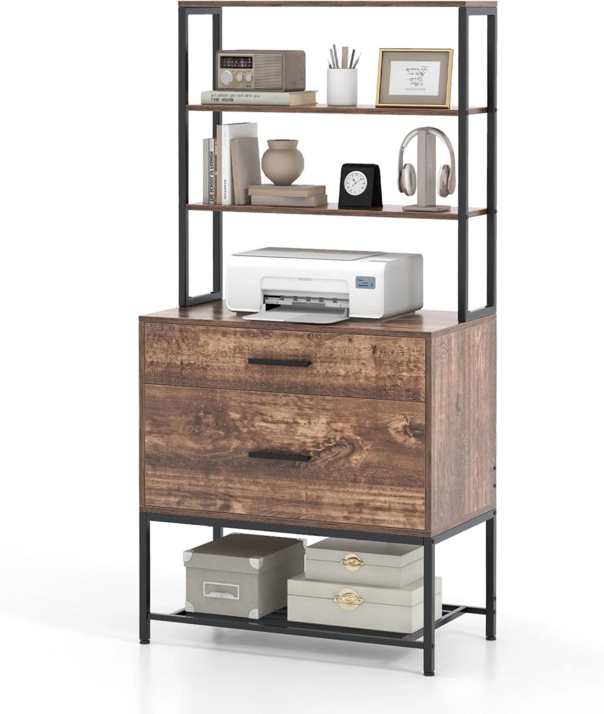 Libreria Scaffale con 2 Cassetti, Mobile di Stoccaggio con Dispositivo Antiribaltamento, Armadietto per Soggiorno, Ufficio, Camero da Letto, 75 x 40 x 156 cm (Grigio)