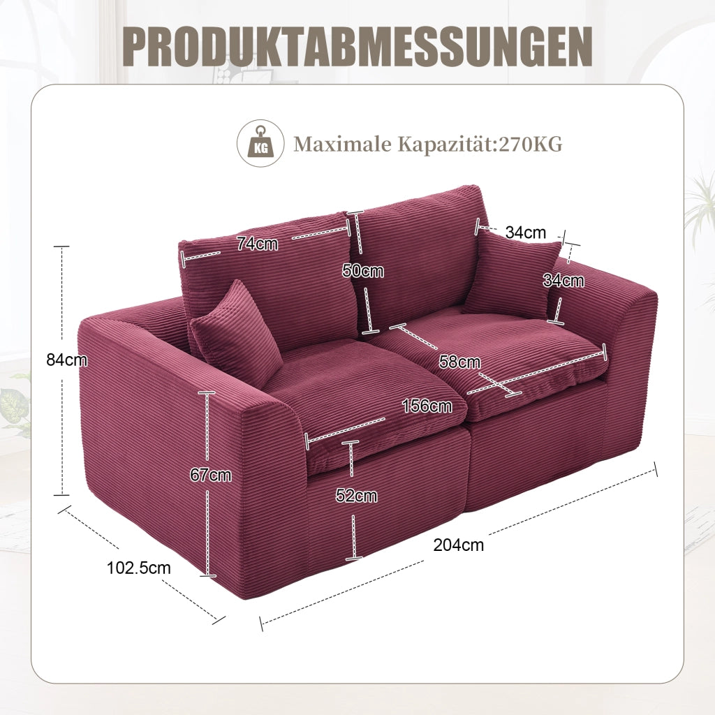 OKWISH Divano 2 Posti, Seduta Imbottita con Cuscini e Design Minimalista, Tessuto a Coste, Rosso Vino