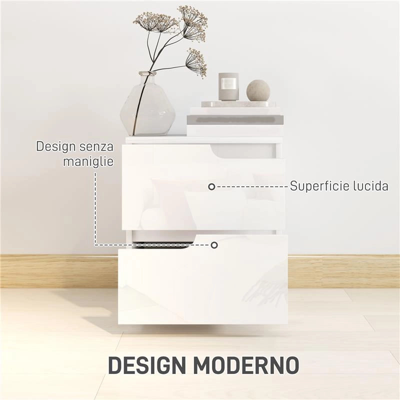 COMODINO MODERNO IN LEGNO CON 2 CASSETTI E DESIGN LUCIDO 40X40X48 CM BIANCO