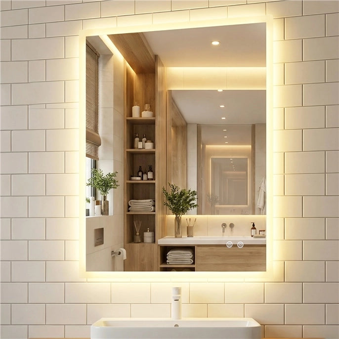 Specchio led bagno parete rettangolare anti-appannamento memoria 3 colori dimmerazione, Specchio vetro temperato infrangibile 80 x 60 x 3 cm