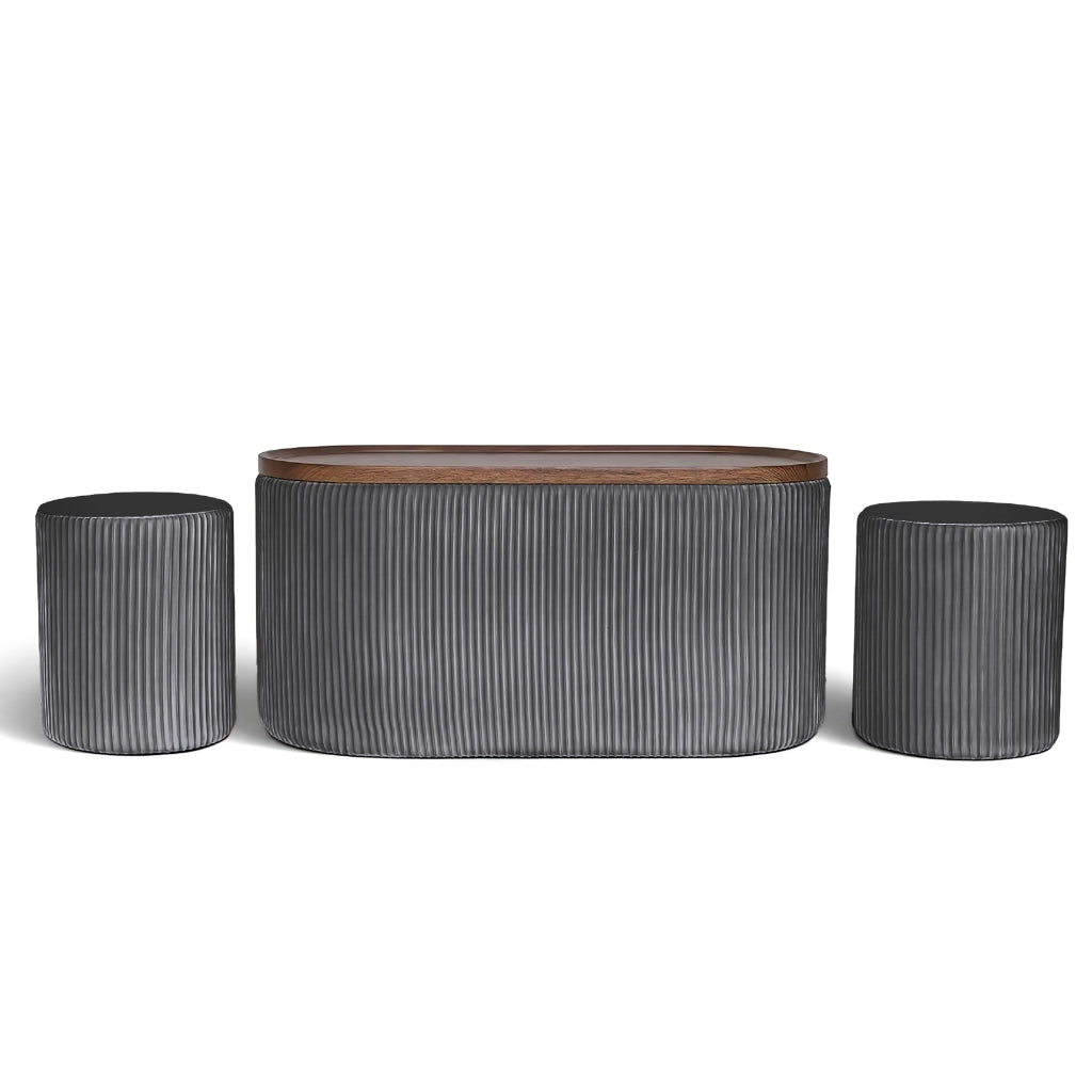 Set 3 Pouf Contenitore con Tavolino da Salotto Ovale in Velluto e Coperchio in Legno, 2 Pouf Interni Salvaspazio, Tavolino Contenitore Moderno, Seduta Imbottita Grigio Scuro