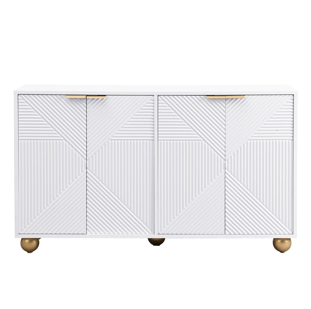 Credenza a 4 ante con ripiani interni regolabili; dettagli incisi e gambe sferiche; bianco; 120 cm in MDF