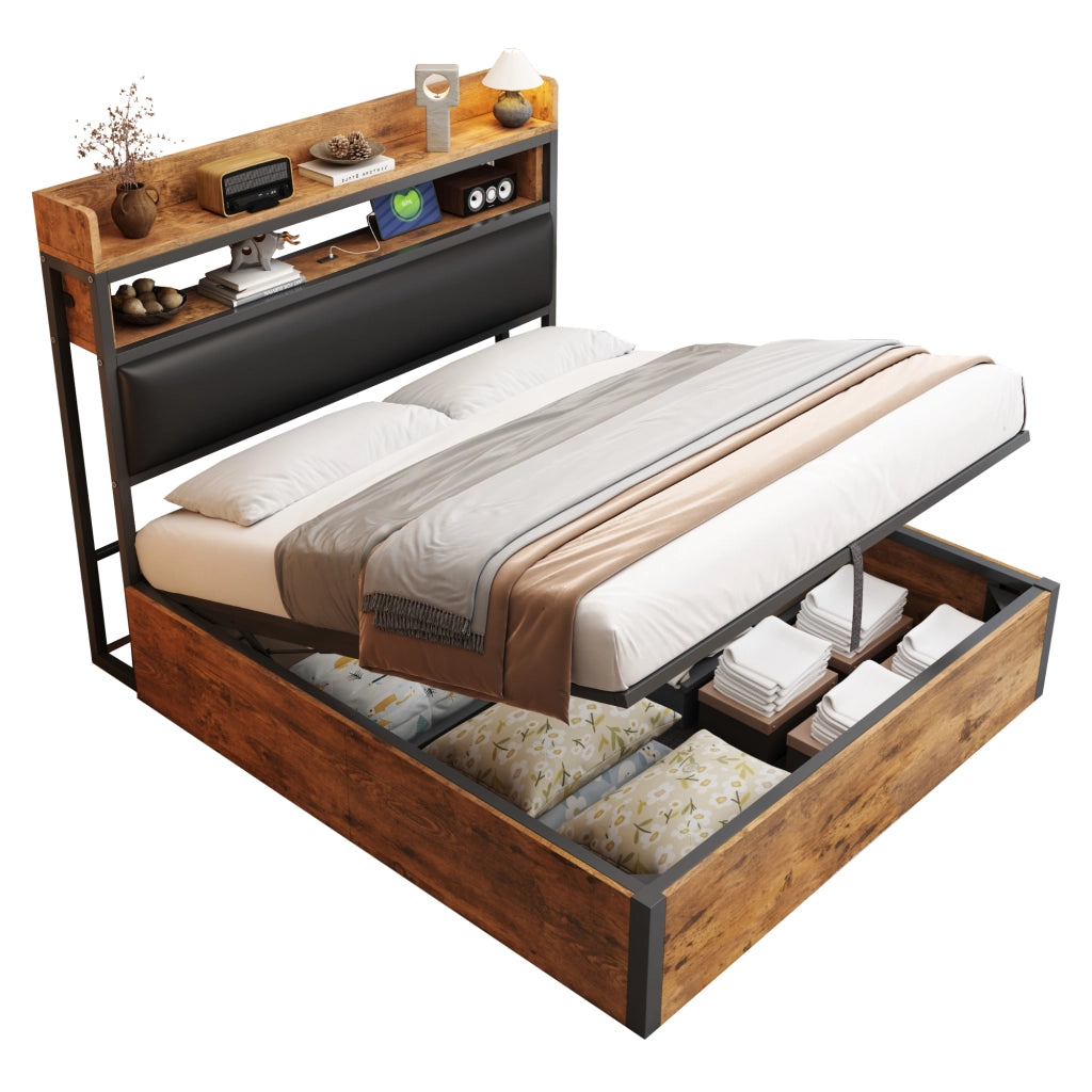 OKWISH Letto contenitore 140×200 cm, Letto Matrimoniale con Vano Contenitore, USB, Testiera Imbottita e Mensole, senza Materasso, Nero