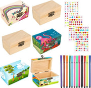 6 mini casse da disegno in legno, cassetto in legno con coperchio, cassetto in legno, cassettino da decorare, set di disegno in legno con 12 matite aquarello e 3 pietre adesive colorate con glitter