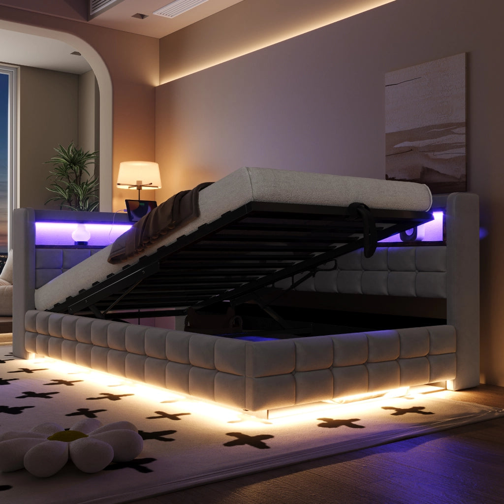 DESMIU Letto Contenitore 90 × 200 cm 1 posto con LED, USB, Type-C, ripiani e spazio contenitore, senza materasso, grigio chiaro