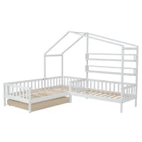 Letto per bambini con cassetti e scaffali, struttura a L, senza materasso, 90x200 cm+140x70 cm, Bianco