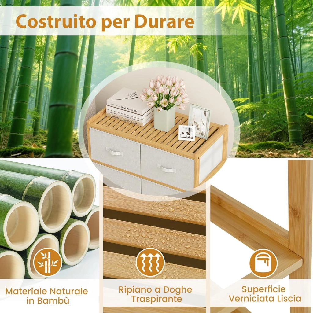 Cassettiera a 6 Cassetti in Bambù, Torre di Stoccaggio con Cassetti in Tessuto Pieghevoli e Ripiano Superiore, Organizzatore Verticale per Soggiorno Corridoio, 66x35x78,5 cm