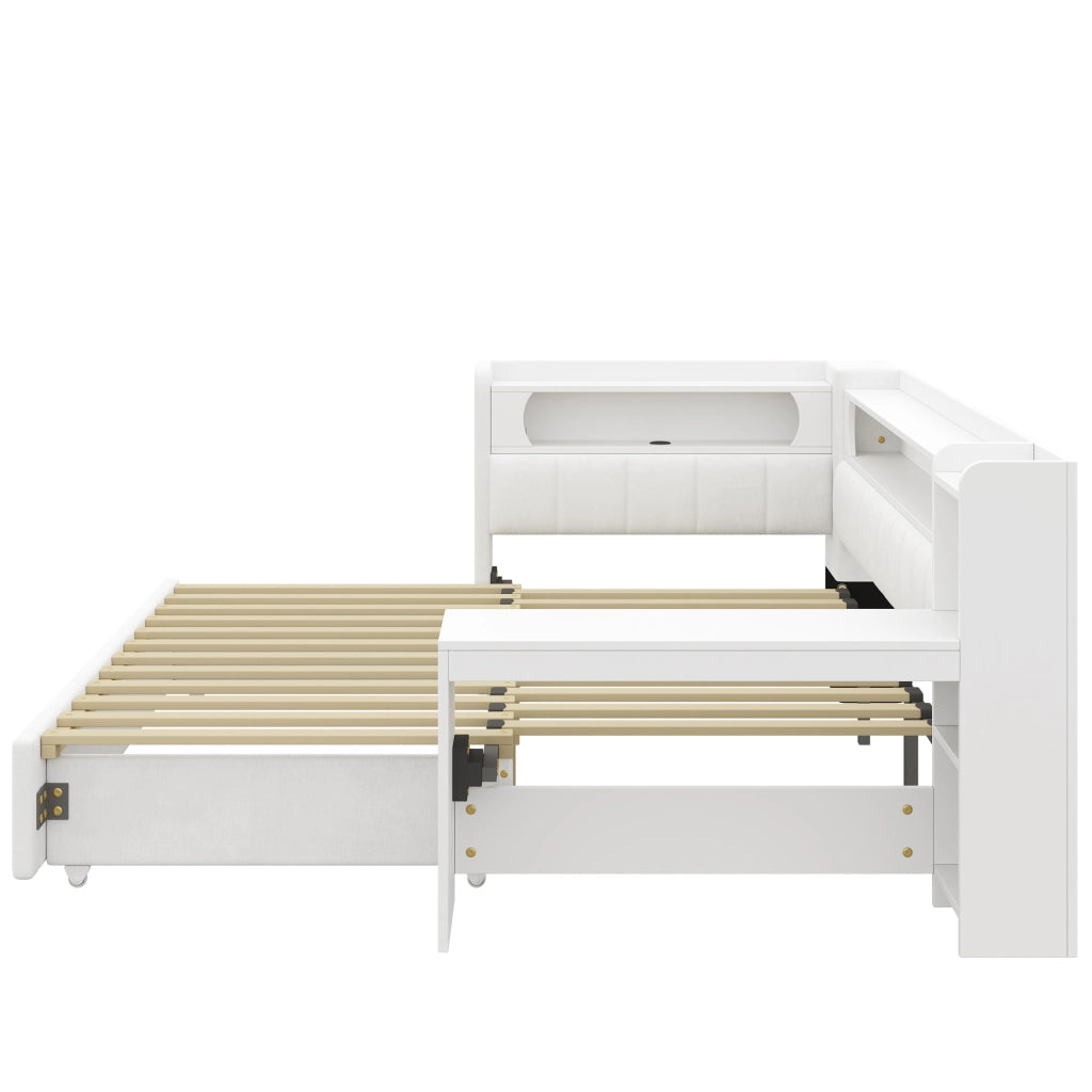 Letto estraibile da 90x200 a 180x200 cm; imbottito bianco con scrivania integrata; USB e LED