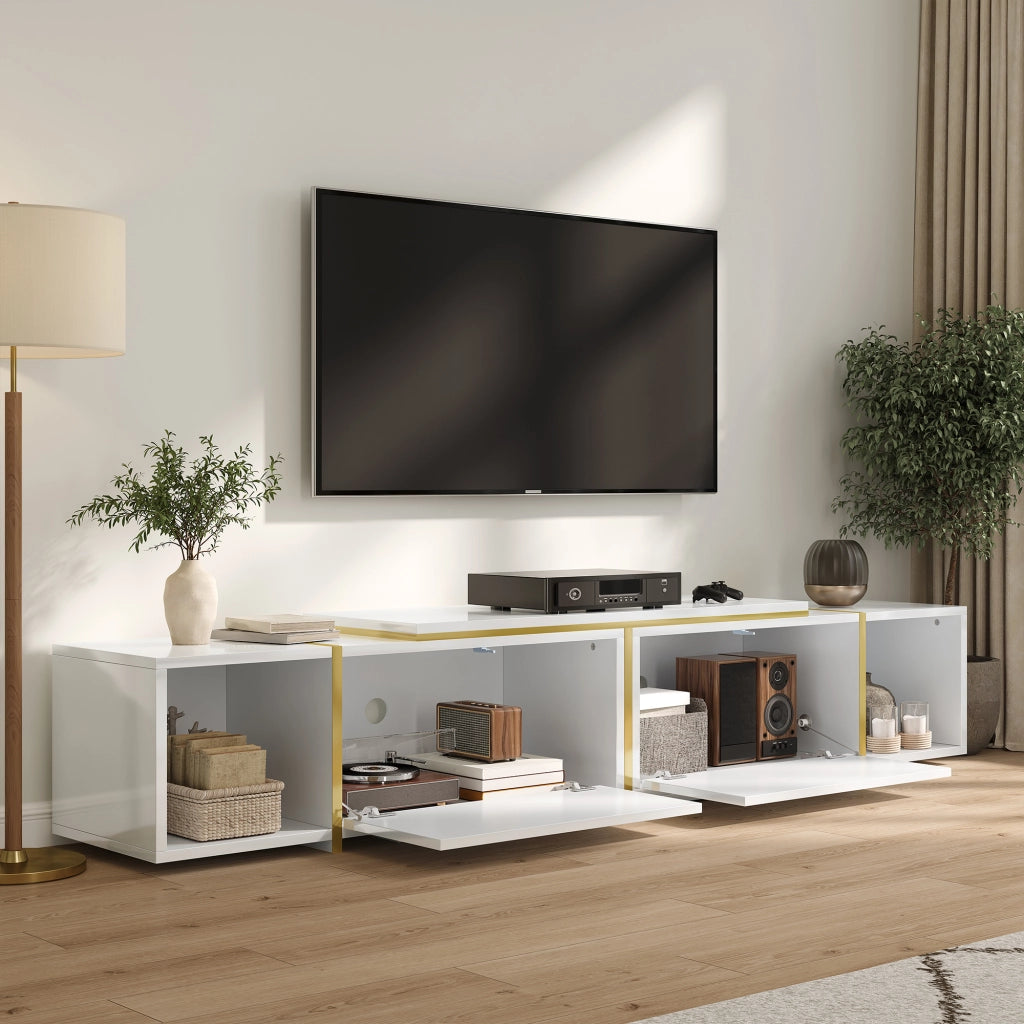 Mobile TV estensibile con frontali lucidi; 2 vani aperti e spazi chiusi; per soggiorno; 275 × 35 × 37 cm