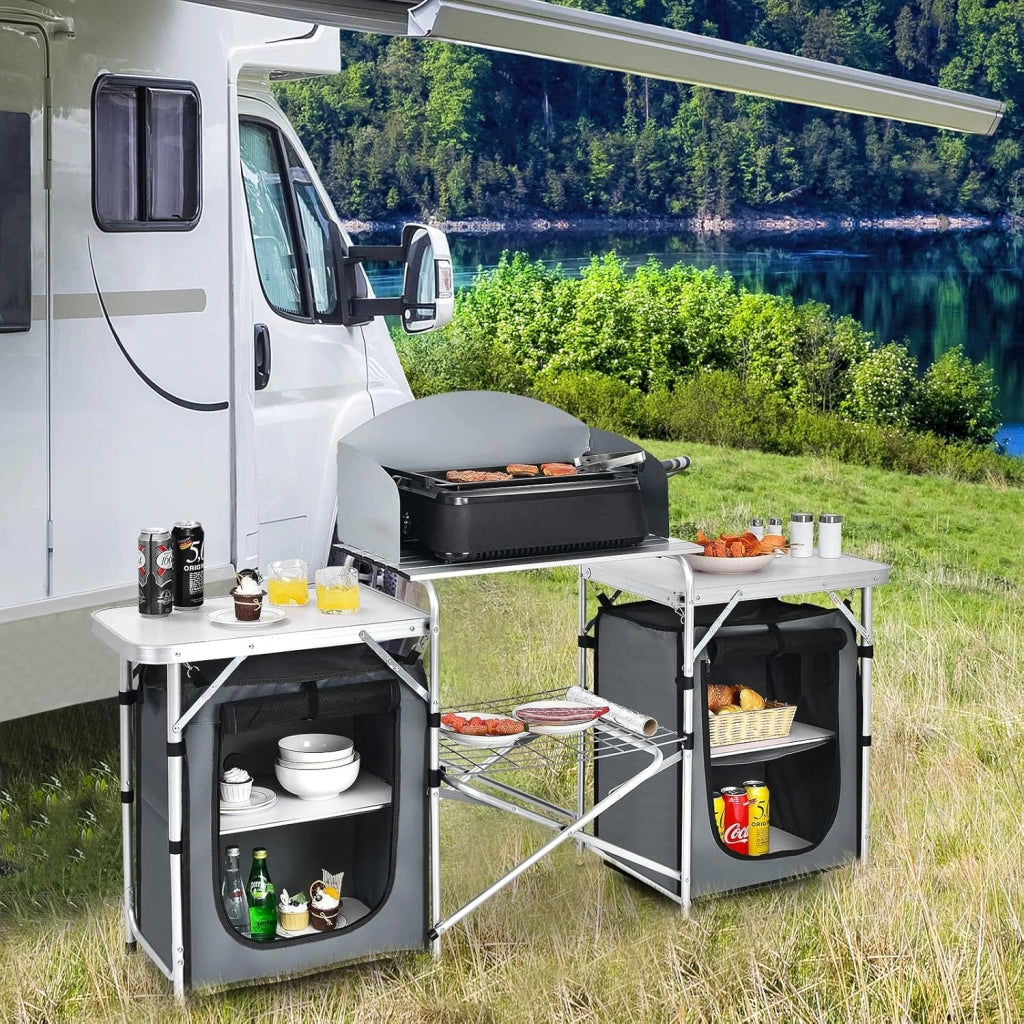 Cucina Portatile Cucina per Esterno Tavolo da Campeggio Pieghevole, Tavolo per Griglia in Alluminio, con Contenitori, per Festa Griglia e Campeggio (Grigio)