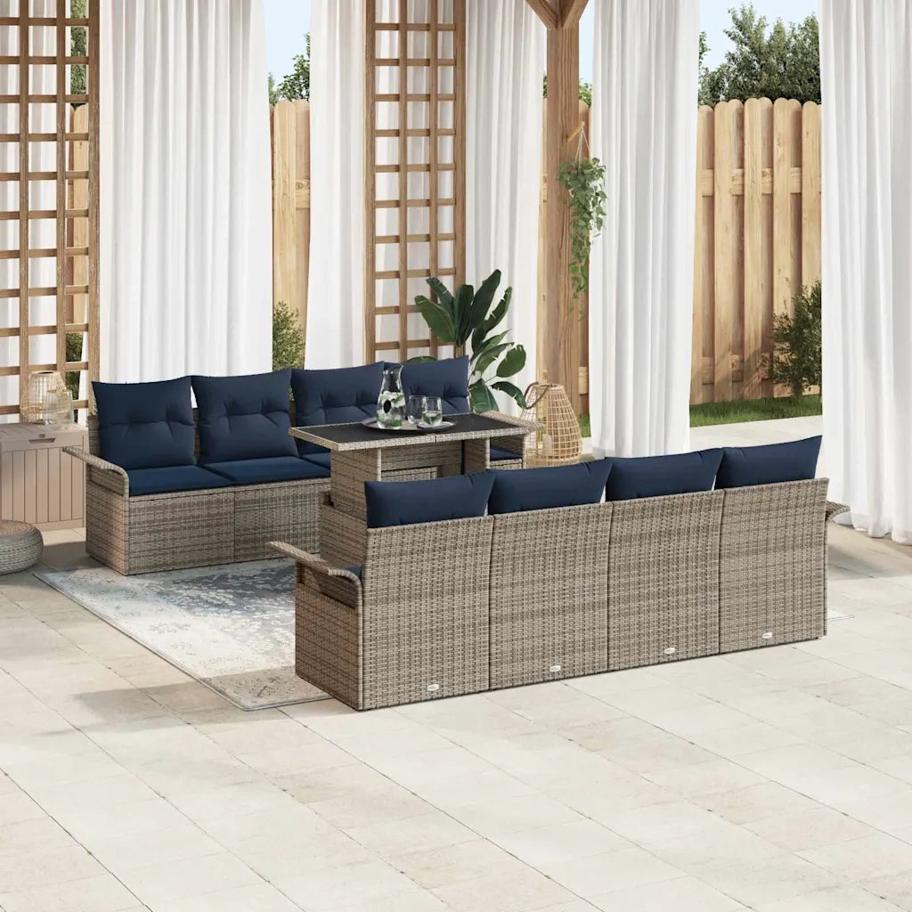 Set Divano da Giardino con cuscino 9 pcs Grigio Poly Rattan