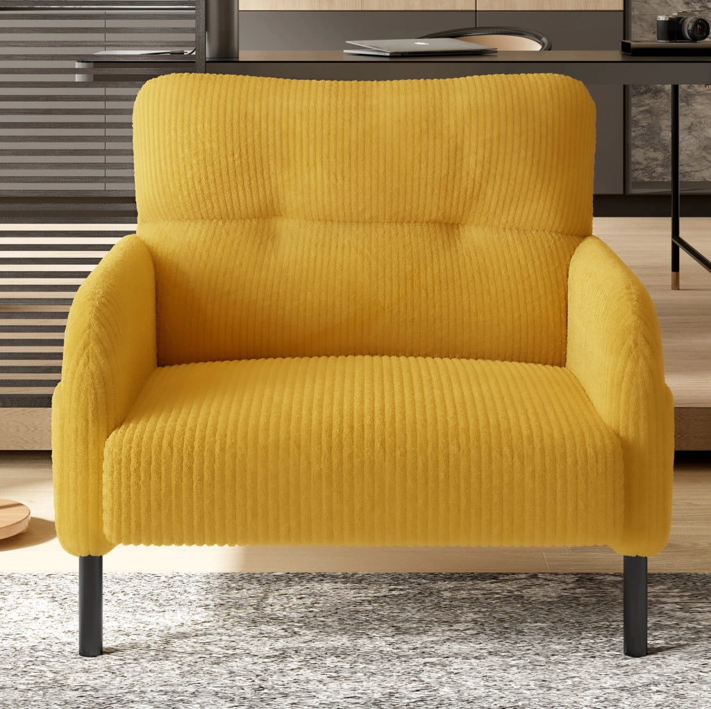 Poltrona singola in velluto a coste giallo con tasca laterale; 67x75x79 cm; struttura in metallo