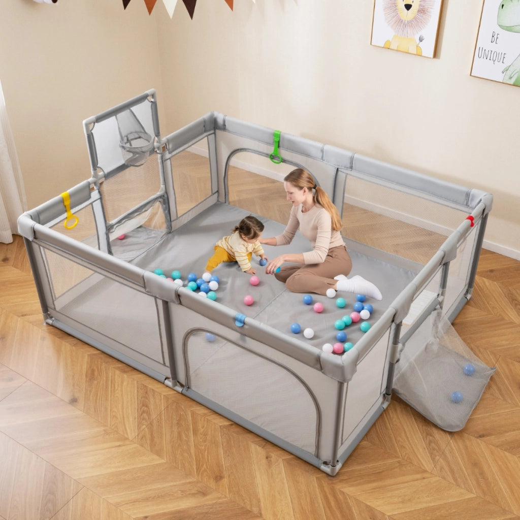 Recinto da gioco per bambini con porta con cerniera rete traspirante, Recinto gioco per bambini con canestro da basket Grigio-Cancelletti di sicurezza