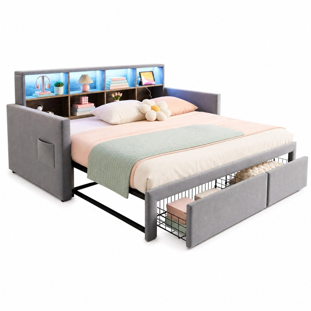 Divano letto imbottito estensibile con contenitore e luce LED