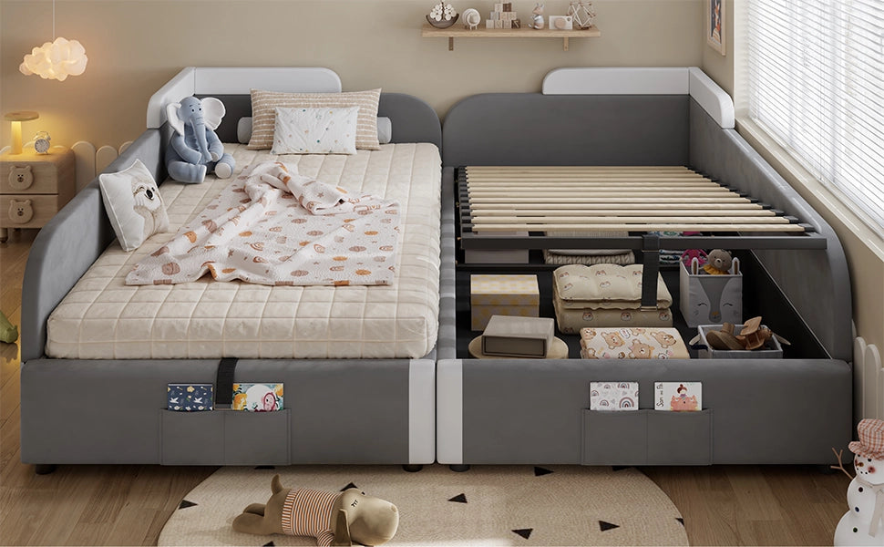DESMIU Letto combinato 90 × 200 cm 2 posti con contenitore idraulico e tasca, senza materasso, velluto grigio