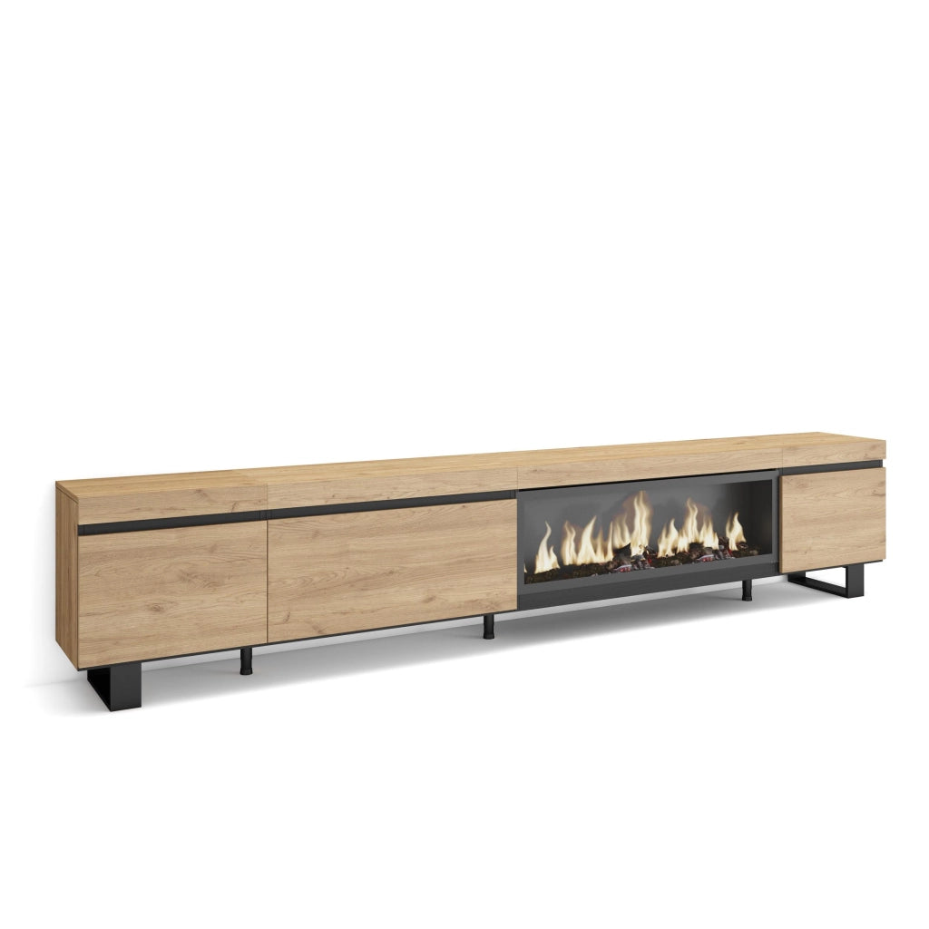 Mobile TV Soggiorno, 288x35x57cm, TV di grande formato, Camino elettrico XXL, Design industriale, colore Rovere RF3624